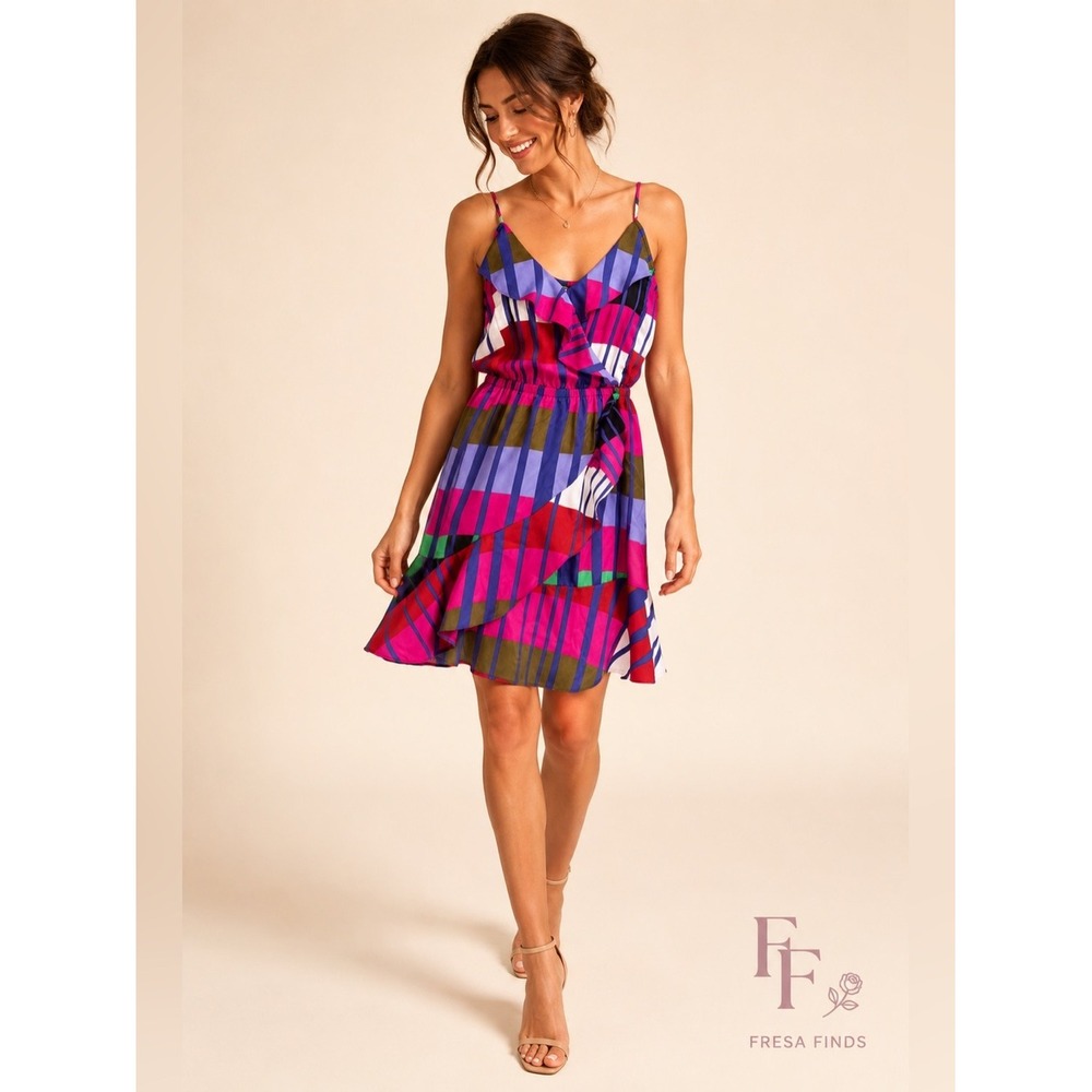 Express Geometric Print Ruffle Wrap Dress XS Pink Blue Multicolor Sleeveless